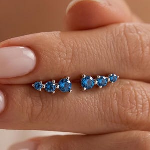 Può includere: Un paio di orecchini a lobo rampicanti color argento con una fila di tre pietre preziose blu a taglio rotondo su ogni pezzo. Le pietre sono disposte in un motivo a grandezza graduata, con la più grande al centro e le più piccole ai lati.