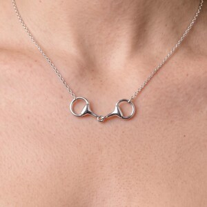 Pode incluir: Um colar de tom prateado com um pendente central em forma de bridão de cavalo. O pendente está ligado a uma corrente prateada fina e delicada que repousa à volta do pescoço. O metal tem um acabamento polido e refletor que destaca o design.