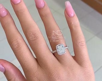 2ct Radiant Cut Moissanite Halo Ring, White Gold Engagement, Sterling Silver