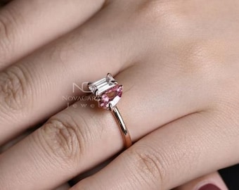 Pear and Emerald Cut Toi Et Moi Moissanite Ring, Pink Sapphire Pear Moissanite Engagement Ring, White Gold Anniversary Ring, Two Stone Ring