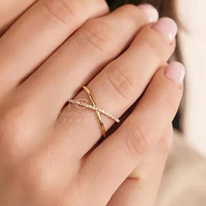 Criss Cross Half Eternity Diamond Ring, Criss Cross Ring For Women, Moissnite Diamond Ring, Solid Gold Statement Ring, Dainty Diamond Ring