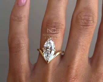 Marquise Cut Moissanite Engagement Ring, 14K Solid Gold V Shaped Band, Solitaire Anniversary Ring