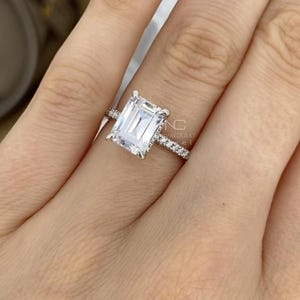 2.5ct Emerald cut hidden halo diamond engagement ring, Moissanite 4-Prong Ring, 14K, 18K Gold Ring, Gift For Her, Round Moissanite Ring
