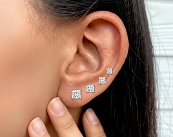 Princess Cut Moissanite Stud Earrings in Push Back, 14k Solid Gold Bridal Earrings, Moissanite Stud Earrings, Sterling Silver Stud Earrings