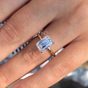 4ct Brilliant Elongated Emerald Cut Moissanite Hidden Halo Solitaire Engagement Ring, Wedding Ring, Anniversary Ring, Promise Ring, 14k Gold