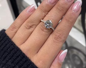 Round Moissanite Engagement Ring, 14k Solid Gold Solitaire Ring, Round Cut and Pave Setting