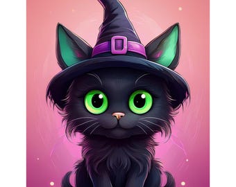 May include: A cartoon illustration of a black cat wearing a witch's hat with a purple band and buckle. The cat has large green eyes, a pink nose, and a fluffy black coat. The background is a gradient of pink and purple.
