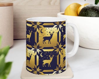 Gold Deer Ceramic Coffee Mug: Festive Holiday Cup