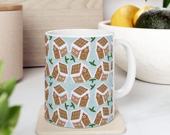 Gingerbread House Pattern Mug | Ceramic Coffee Cup, Holiday Baking Design