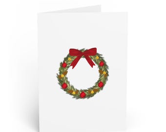 Tarjeta de felicitación con corona navideña / Campanas doradas y lazo rojo