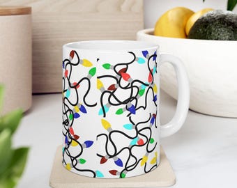 Tangled Colorful Christmas Lights Pattern Mug | Holiday String Light Ceramic Mug