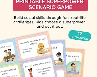 May include: A printable Superpower Scenario Game with 12 situations. The game helps build social skills through fun, real-life challenges. Kids choose a superpower and act it out. The image shows various scenario cards with illustrations.