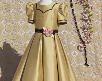 Classic flower girl holiday dress in harvest gold and trimmed with dusty pink roses and black Lace. Reduced price Ready to Ship