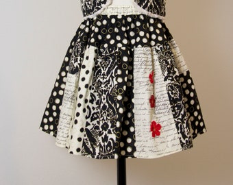 Girls skirt. Black and Ivory Damask and Polka Dots with Red Flowers REDUCED PRICE