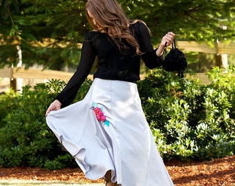 Silver grey women's skirt with satin panels and roses. Reduced price. Ready to ship size 10. REDUCED PRICE