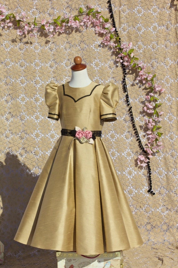 Classic Flower Girl Holiday Dress in Harvest Gold and Trimmed With Dusty  Pink Roses and Black Lace. Reduced Price Ready to Ship - Etsy