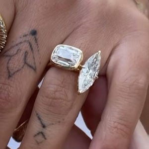Toi et Moi Engagement Ring, 14k Gold Two Stone Wedding Ring, Marquise & Cushion Moissanite Ring, Delicate Bridal Ring, Anniversary Gift Ring