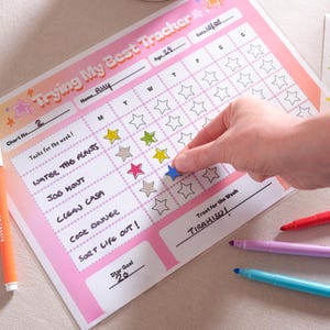 May include: A pink and white weekly tracker with star-shaped stickers. The tracker includes tasks like "Water the Plants" and "Sort Life Out!" with a goal of 20 stars. An orange marker and colorful pens are also visible.