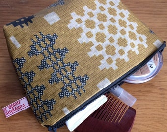Welsh Blanket Print Mustard matt finish oilcloth small make-up bag