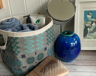 Welsh Blanket Print Green Large Storage Basket Box- Natural Cotton Mix lining