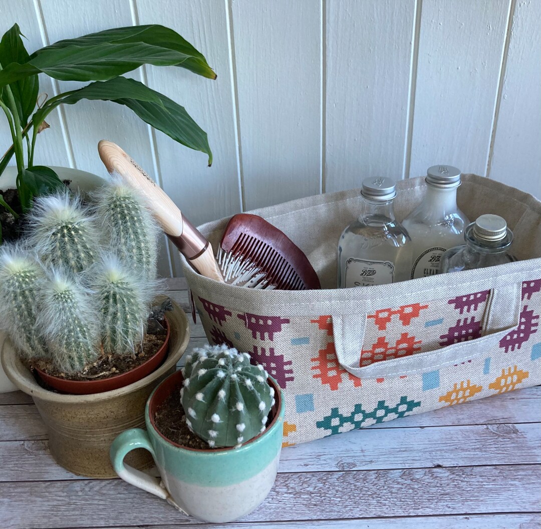 Welsh Blanket Print Oilcloth Storage Basket shallow Multicolour Fabric