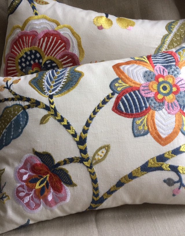Pair of Embroidered Cushions complete with feather filled pads 43x33