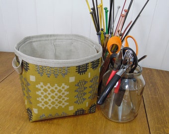 Storage Basket Welsh Tapestry Print Oilcloth Mustard Large- Natural Cotton lining