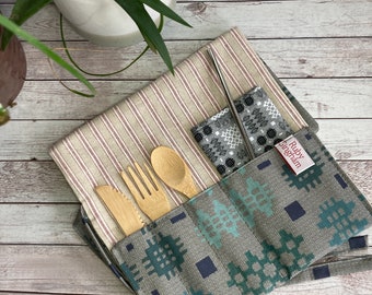 Cutlery wrap aqua green and blue Welsh blanket weave print oilcloth