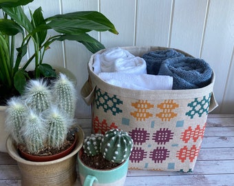 Welsh Blanket Print Large Storage Basket Box Mulit-coloured - Natural Cotton Mix lining