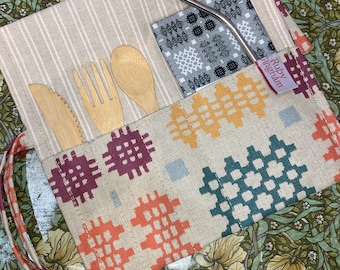 Oilcloth cutlery wrap multi Welsh blanket weave print oilcloth