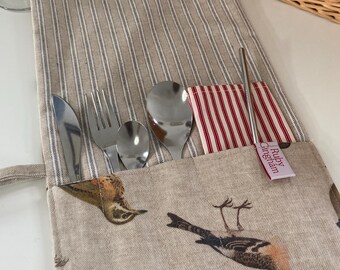 Oilcloth reusable cutlery wrap bird print oilcloth