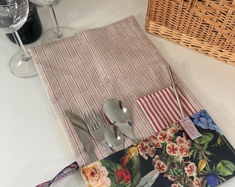 Oilcloth reusable cutlery wrap floral print oilcloth
