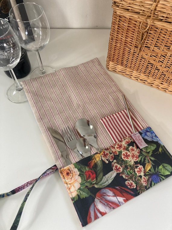 Oilcloth reusable cutlery wrap floral print oilcloth