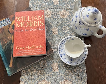 Table Runner William Morris Honeysuckle  & Grey striped ticking (for 6ft/ 180cm table)