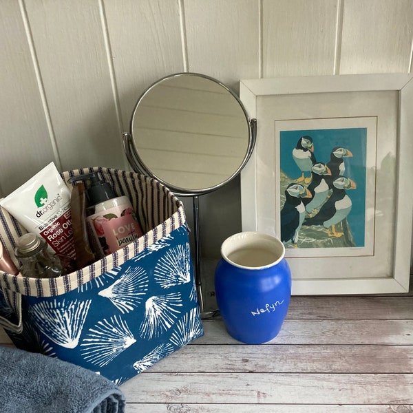 Shell Print Oilcloth Storage Oilcloth Bag Basket Bin- blue & white, small