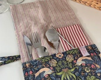 Oilcloth cutlery wrap William Morris Strawberry Thief print oilcloth