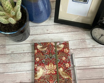 Oilcloth covered A5 notebook William Morris Strawberry Thief red print oilcloth