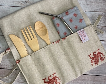 Cutlery wrap red dragon print oilcloth