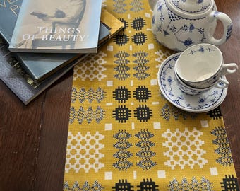 Table Runner Welsh Tapestry Print Mustard & Grey (6ft/ 180cm)
