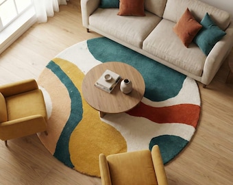 Abstract Round Area Rug | Tufted Color Block Rug, Boho Decor