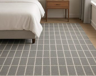 Modern Grey Grid Pattern Area Rug – Soft Minimalist Carpet for Bedroom and Living Room