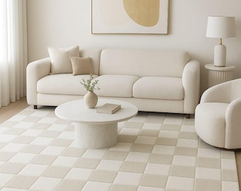 Crème geruit vloerkleed | Minimalistisch Scandinavisch getuft tapijt