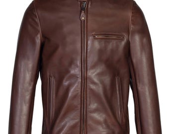 Bruin leren heren bikerjack | Café Racerjack van echt lamsleer | Handgemaakte bovenkleding van echt leer