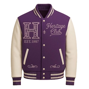 Purple & Cream Varsity Jacket: Embroidered Wool Blend Letterman