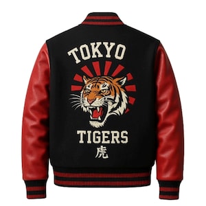 Embroidered Varsity Jacket: Tokyo Tigers Letterman Bomber - Black & Red