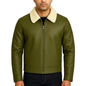 Handmade Olive Green Shearling Leather Bomber Jacket: Men&#39;s Aviator Coat