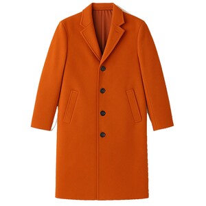 May include: An orange overcoat with a notched lapel, three black buttons, and two front pockets. The coat has a tailored fit and a classic design. The coat is made of a smooth, solid-colored fabric.