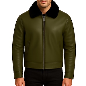 Handmade Olive Green Shearling Leather Bomber Jacket: Men&#39;s Aviator Coat