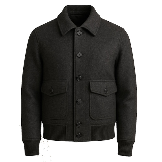 Handmade Charcoal Wool Bomber Jacket: Men's Designer Winter Coat