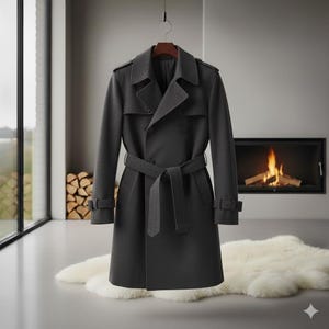Handmade Charcoal Grey Wool Trench Coat – Double Breasted Long Winter Overcoat Men